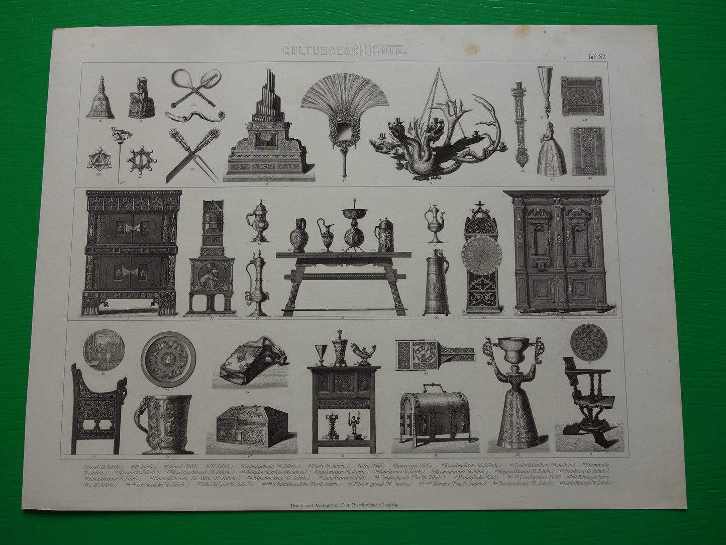 Oude prent uit 1870 over Meubilair Renaissance Vazen Kasten Gebruiksvoorwerpen antieke illustratie Stoelen 15-17e eeuw design