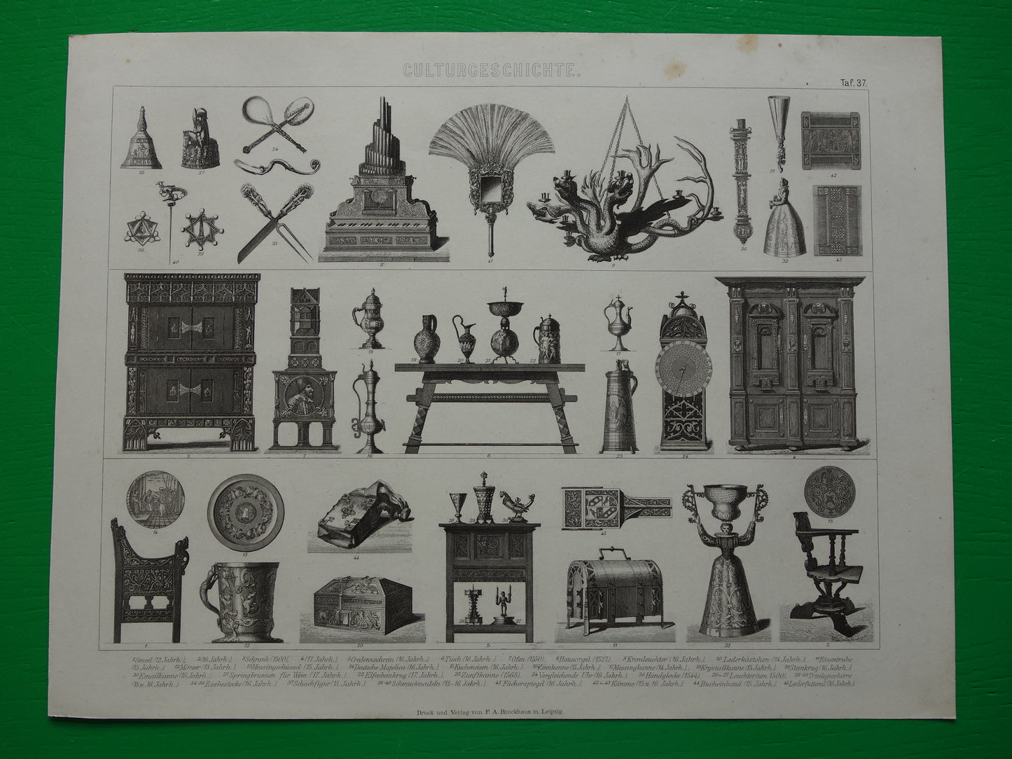 Old print from 1870 about Furniture Renaissance Vases Cabinets Utensils antique illustration Chairs 15-17th century design