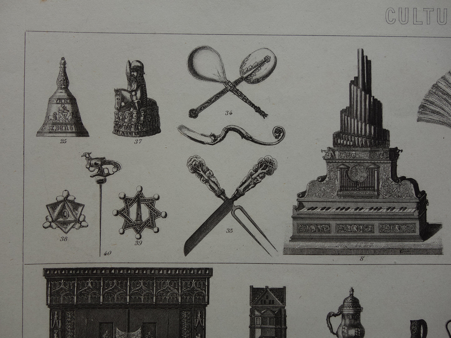 Old print from 1870 about Furniture Renaissance Vases Cabinets Utensils antique illustration Chairs 15-17th century design