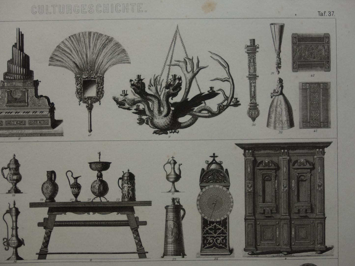 Old print from 1870 about Furniture Renaissance Vases Cabinets Utensils antique illustration Chairs 15-17th century design