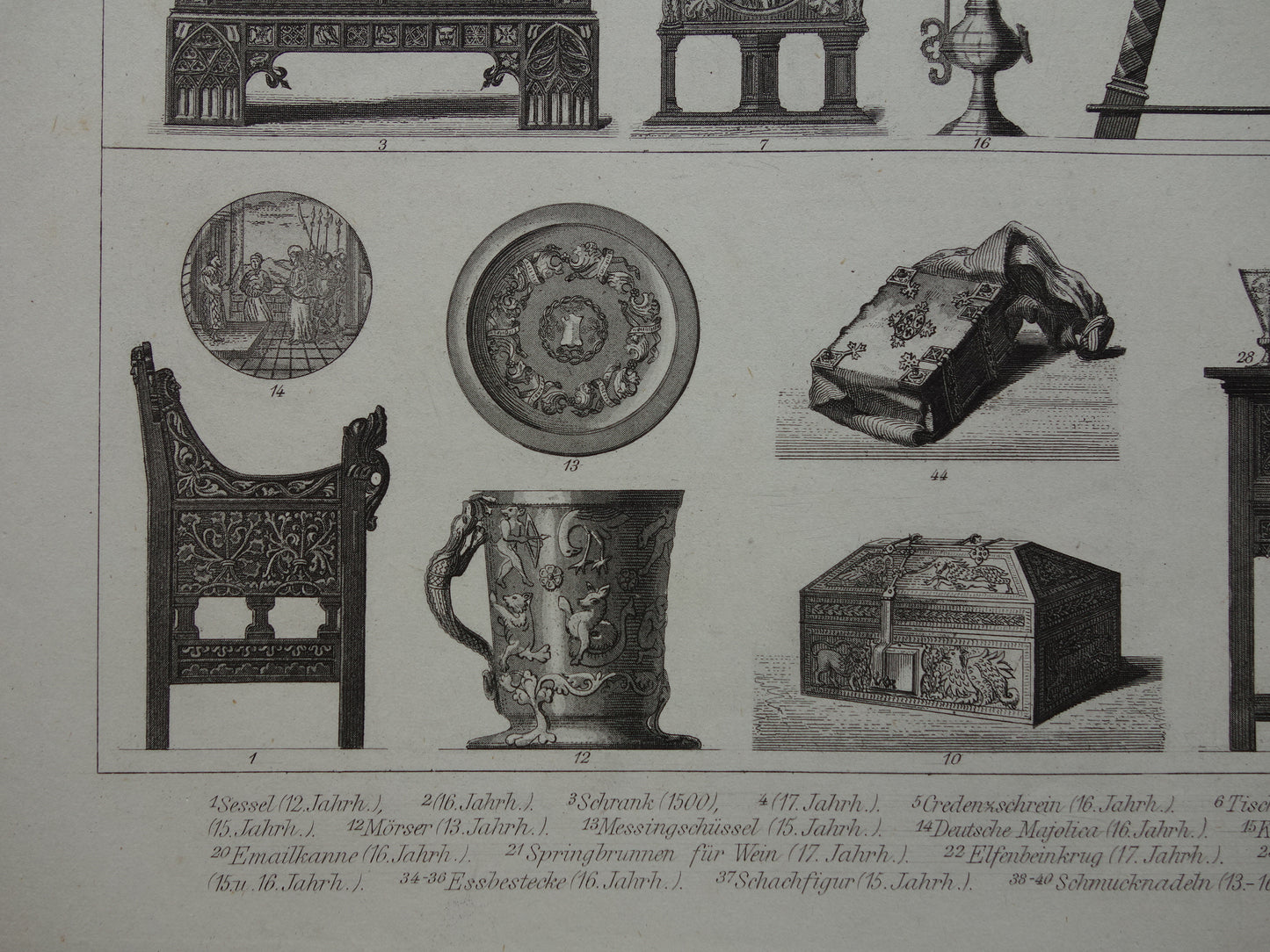 Old print from 1870 about Furniture Renaissance Vases Cabinets Utensils antique illustration Chairs 15-17th century design