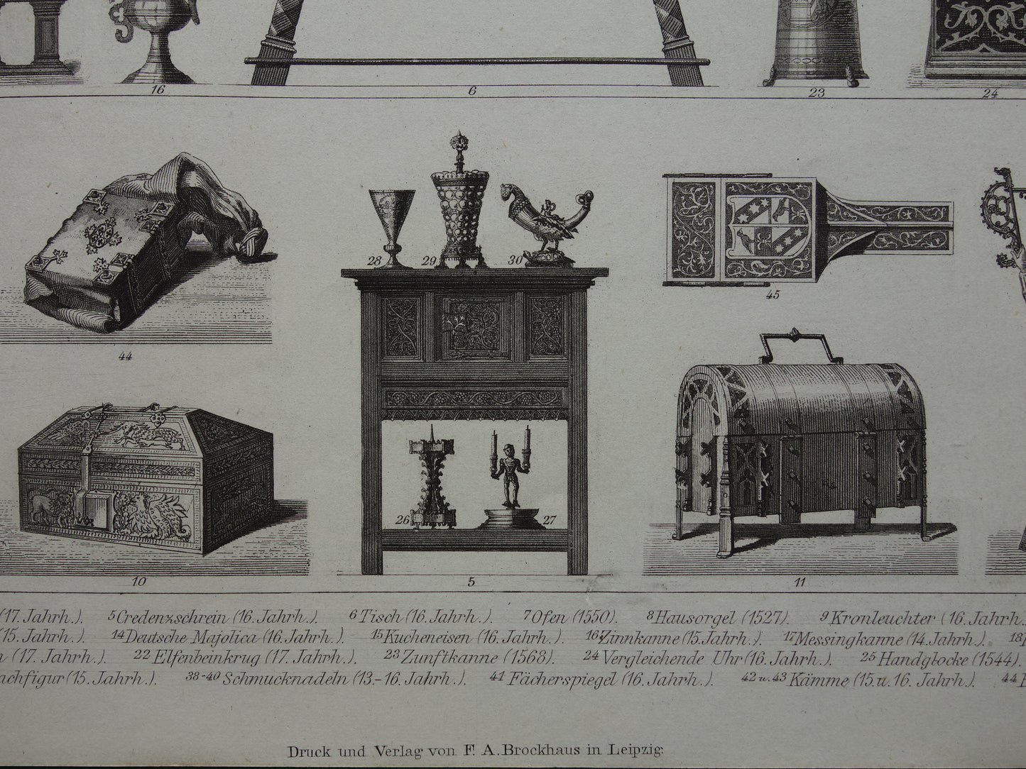 Old print from 1870 about Furniture Renaissance Vases Cabinets Utensils antique illustration Chairs 15-17th century design