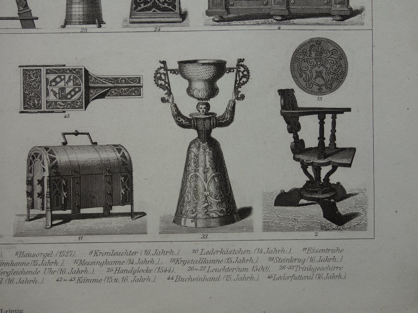 Old print from 1870 about Furniture Renaissance Vases Cabinets Utensils antique illustration Chairs 15-17th century design