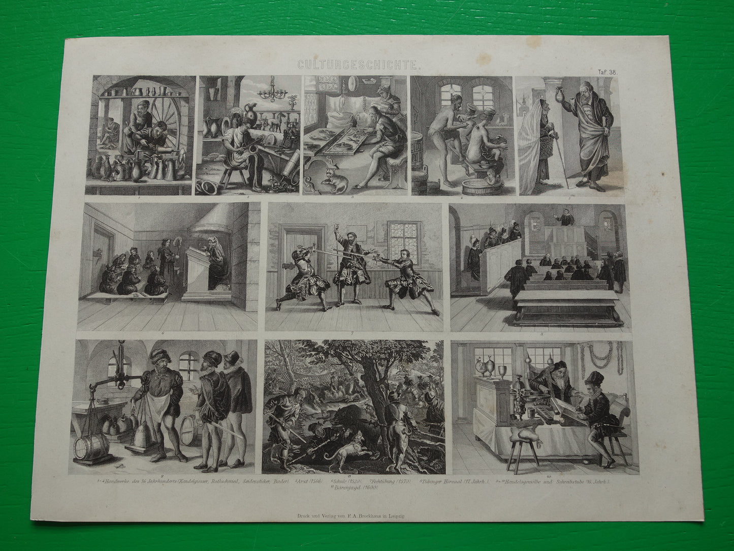 Dagelijks leven in 16e en 17e eeuw Oude prent 1870 Originele antieke illustratie Handwerkers School Kantoor Vintage Prints