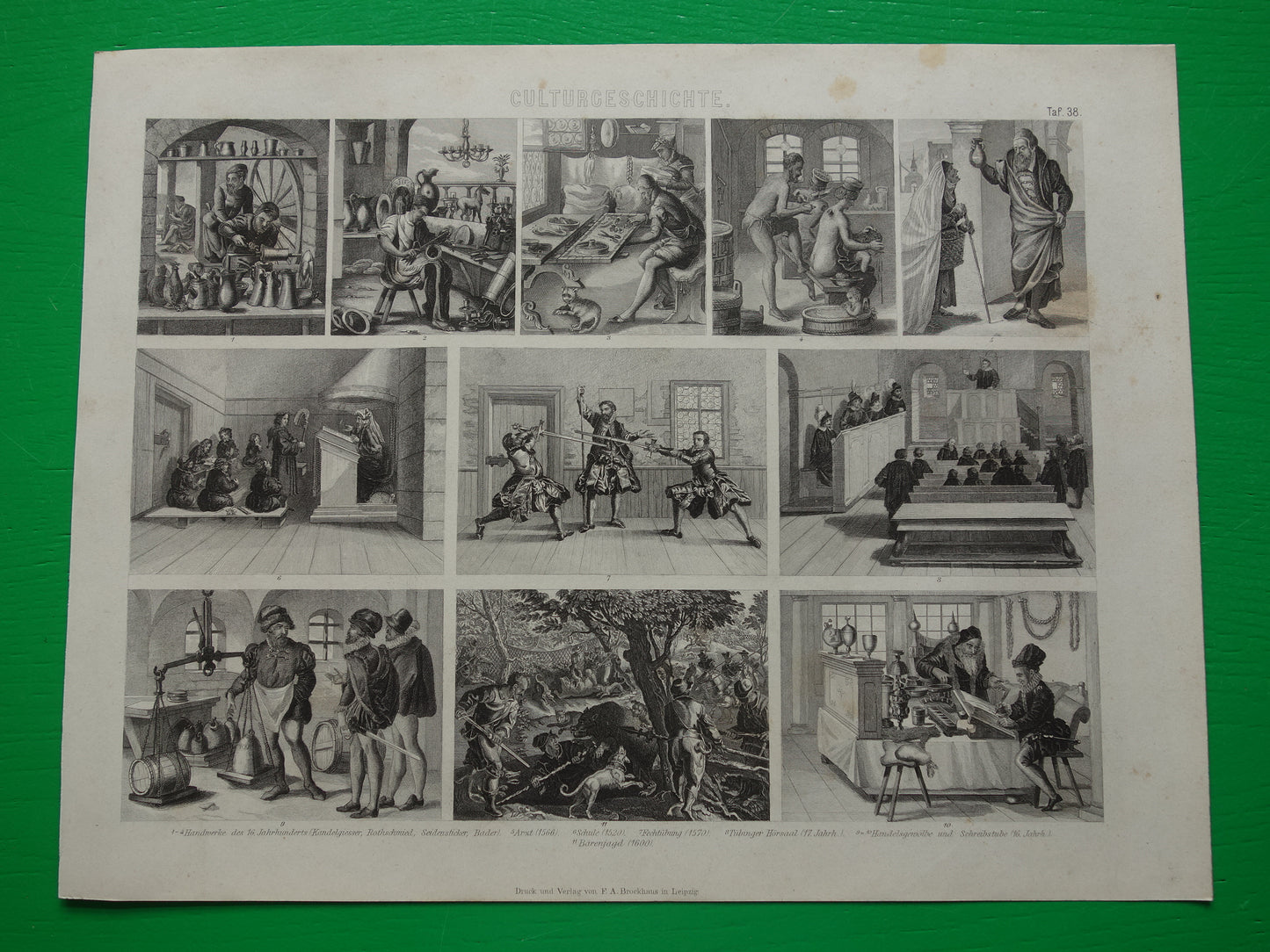 Dagelijks leven in 16e en 17e eeuw Oude prent 1870 Originele antieke illustratie Handwerkers School Kantoor Vintage Prints