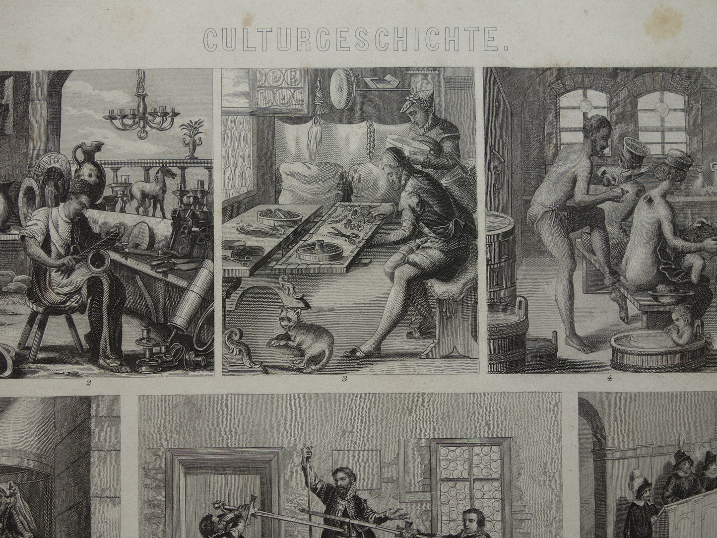 Dagelijks leven in 16e en 17e eeuw Oude prent 1870 Originele antieke illustratie Handwerkers School Kantoor Vintage Prints