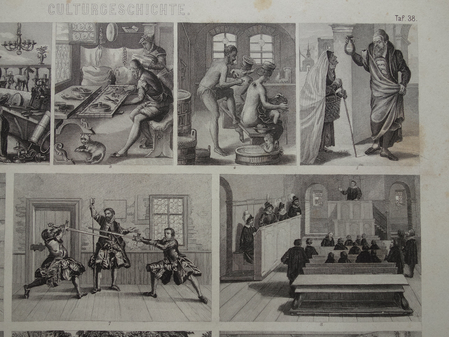 Dagelijks leven in 16e en 17e eeuw Oude prent 1870 Originele antieke illustratie Handwerkers School Kantoor Vintage Prints