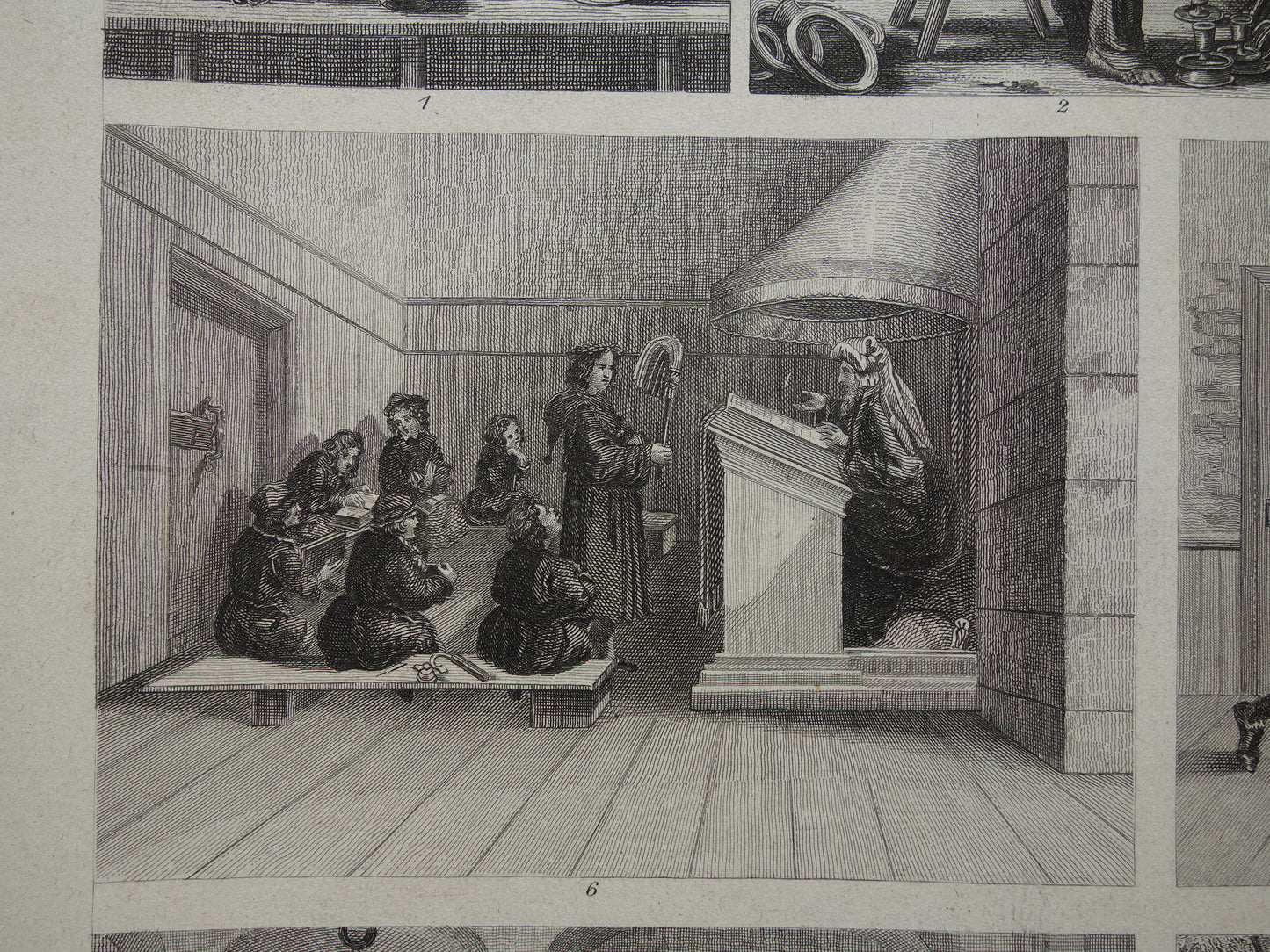 Dagelijks leven in 16e en 17e eeuw Oude prent 1870 Originele antieke illustratie Handwerkers School Kantoor Vintage Prints