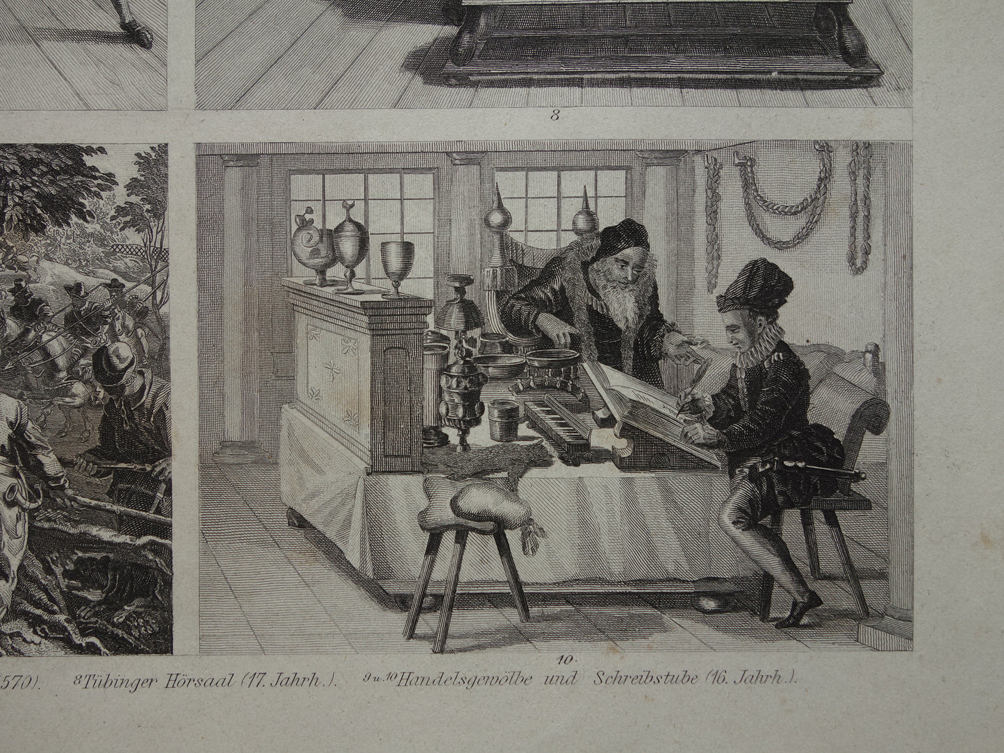 Dagelijks leven in 16e en 17e eeuw Oude prent 1870 Originele antieke illustratie Handwerkers School Kantoor Vintage Prints