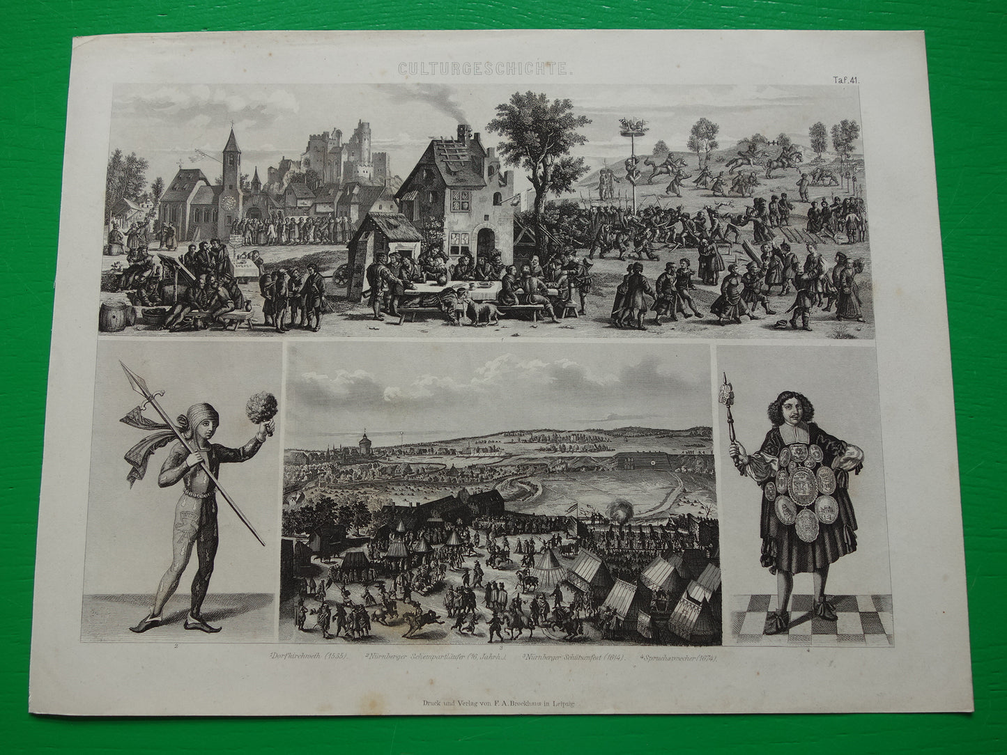 Oude prent uit 1870 over festival Nuremberg Duitsland originele antieke illustratie Nürnberg Schützenfest 16e 17e eeuw dorpsfeest