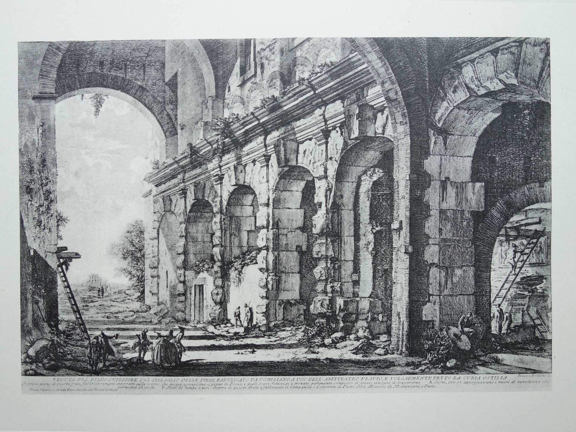 Oude prent van ruïne Curia Hostilia Rome uit 1939 vintage facsimile Piranesi uit Vedute di Roma print gravure