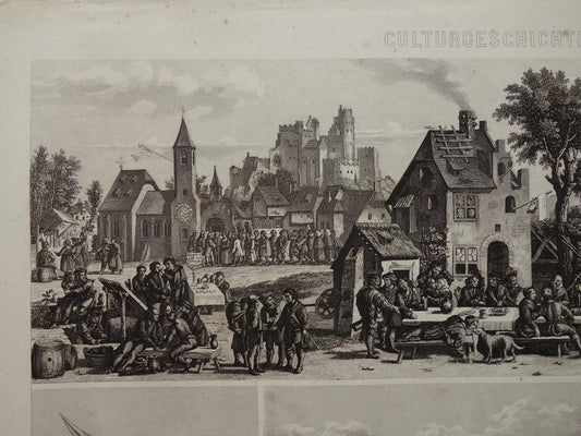 Oude prent uit 1870 over festival Nuremberg Duitsland originele antieke illustratie Nürnberg Schützenfest 16e 17e eeuw dorpsfeest