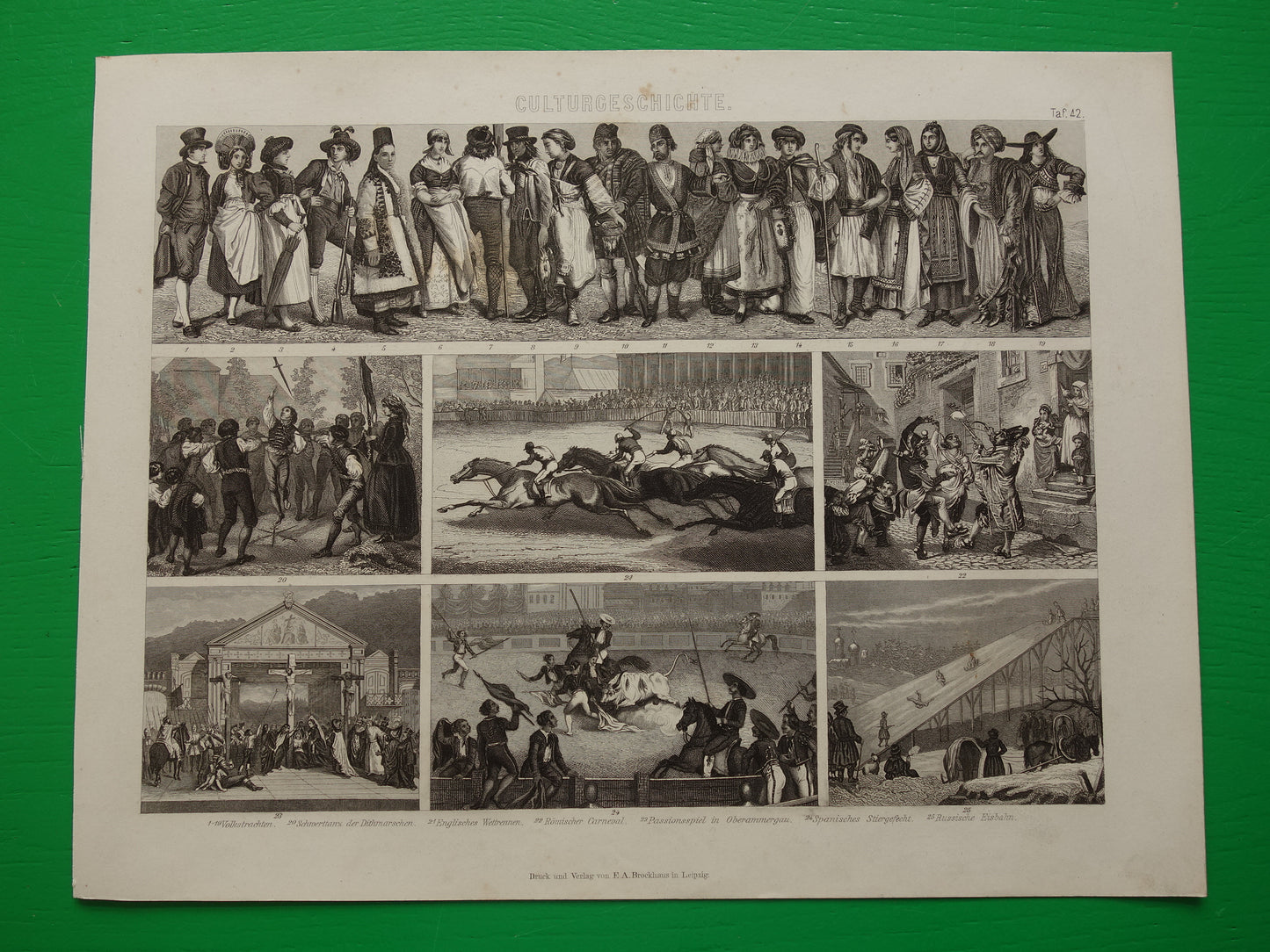 Antiker Geschichtsdruck, traditionelle Tracht und Unterhaltung in Europa, 15. und 16. Jahrhundert, 1870, originale antike Illustration, Pferderennen, Stierkampf