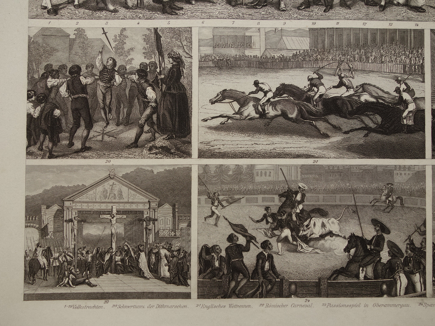 Oude geschiedenis prent klederdracht en vermaak in Europa 15e en 16e eeuw 1870 originele antieke illustratie paardenrace stierengevecht