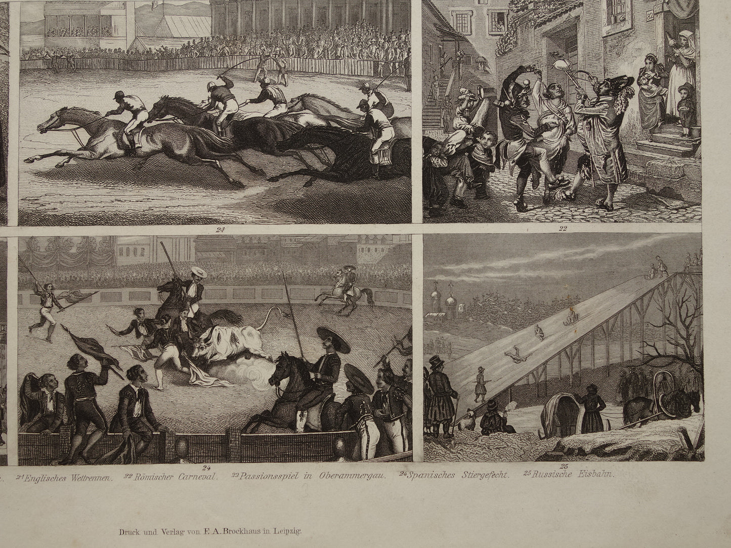 Oude geschiedenis prent klederdracht en vermaak in Europa 15e en 16e eeuw 1870 originele antieke illustratie paardenrace stierengevecht
