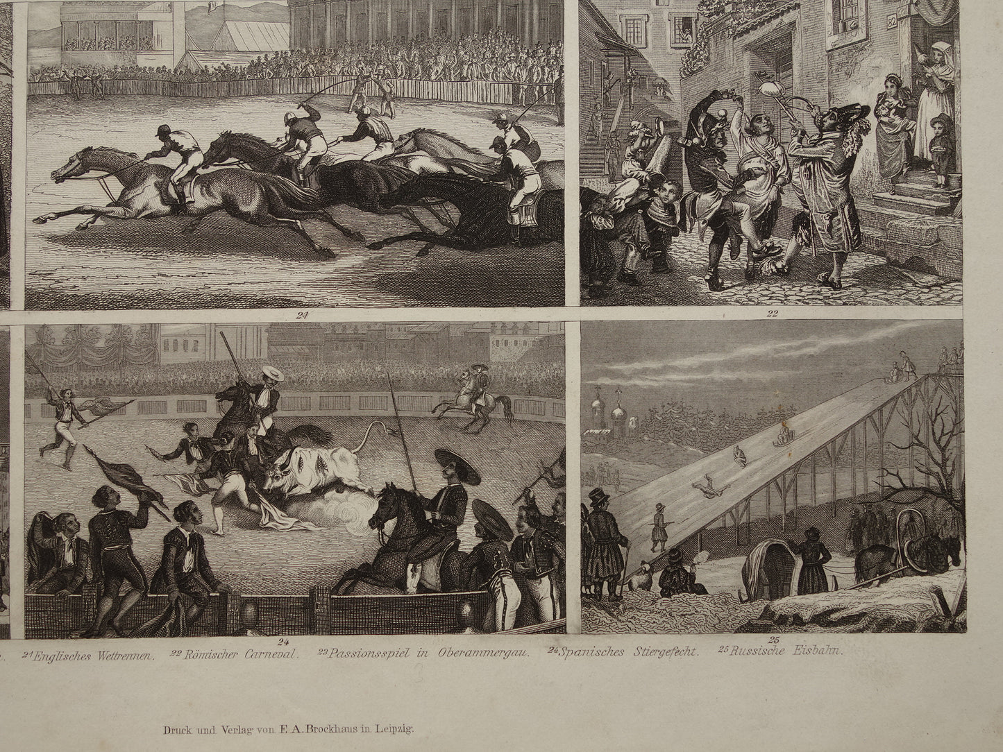 Antiker Geschichtsdruck, traditionelle Tracht und Unterhaltung in Europa, 15. und 16. Jahrhundert, 1870, originale antike Illustration, Pferderennen, Stierkampf