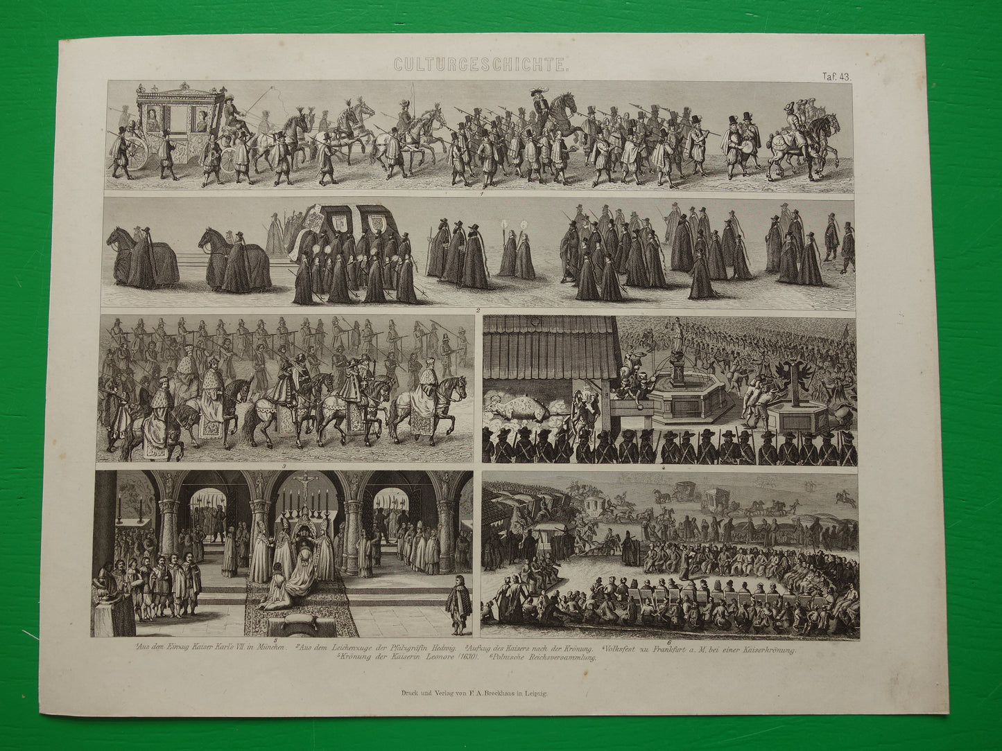 Oude geschiedenis prent Parade kroning Processie Cortege 1870 antieke illustratie keizer Charles VII keizerin Eleonora Vintage Prints