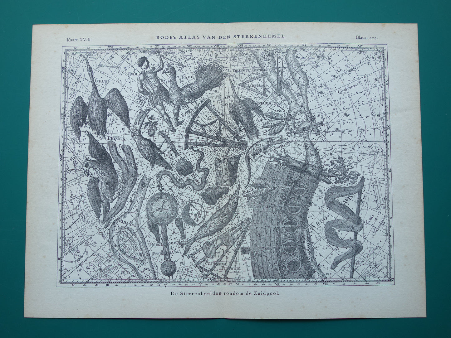 Oude astronomie prent van sterrenbeeld Pavo Indus Toekan Antieke sterrenkaart Argo Navis sterrenbeelden vintage print