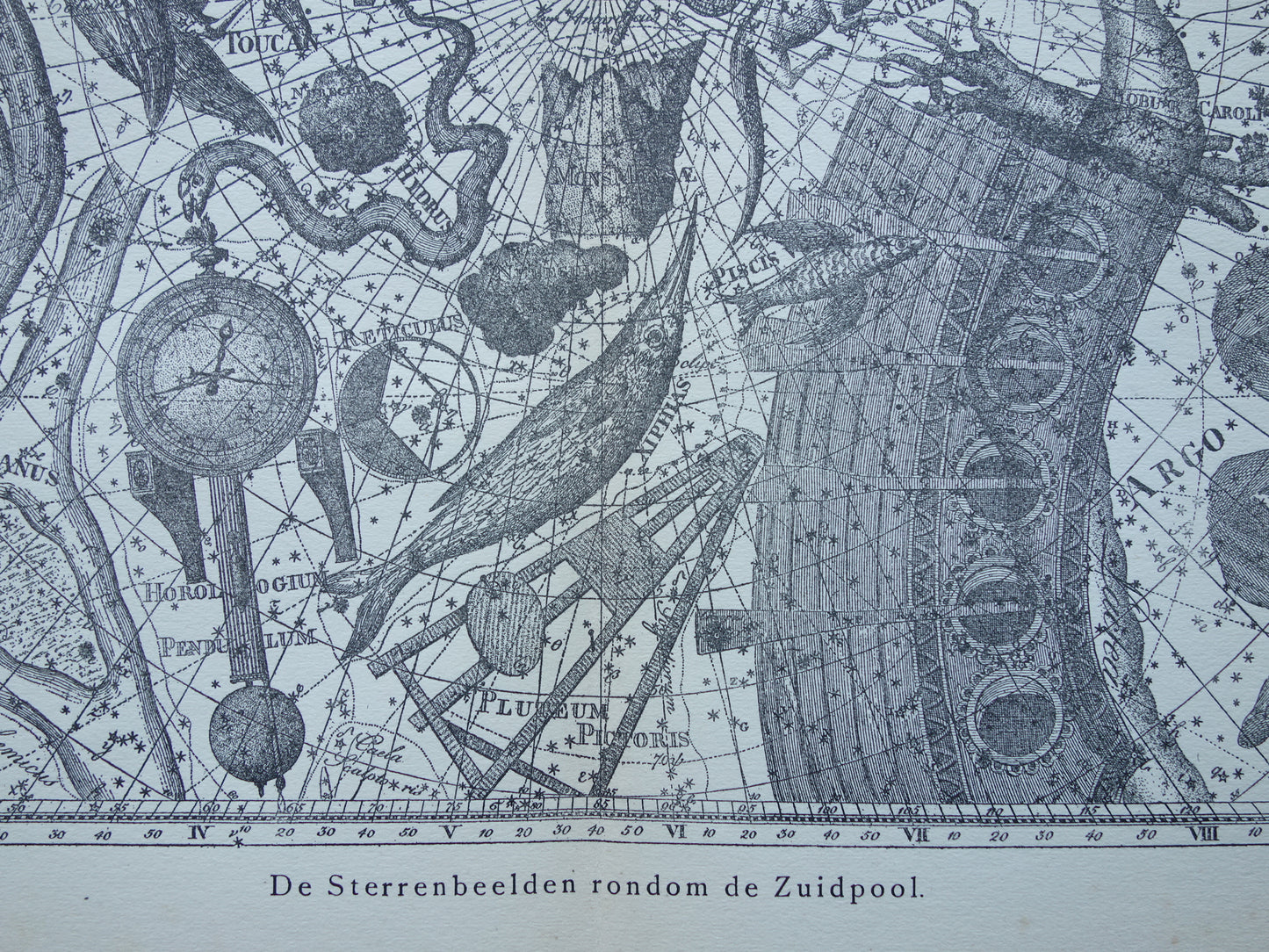 Oude astronomie prent van sterrenbeeld Pavo Indus Toekan Antieke sterrenkaart Argo Navis sterrenbeelden vintage print