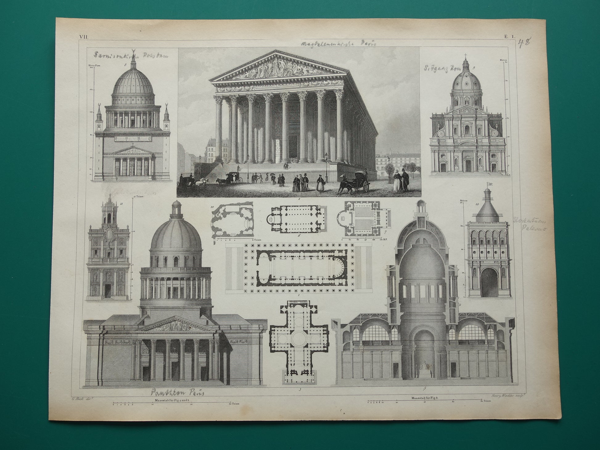 KERKEN Oude architectuur prent La Madeleine Pantheon 1849 originele antieke illustratie gravure