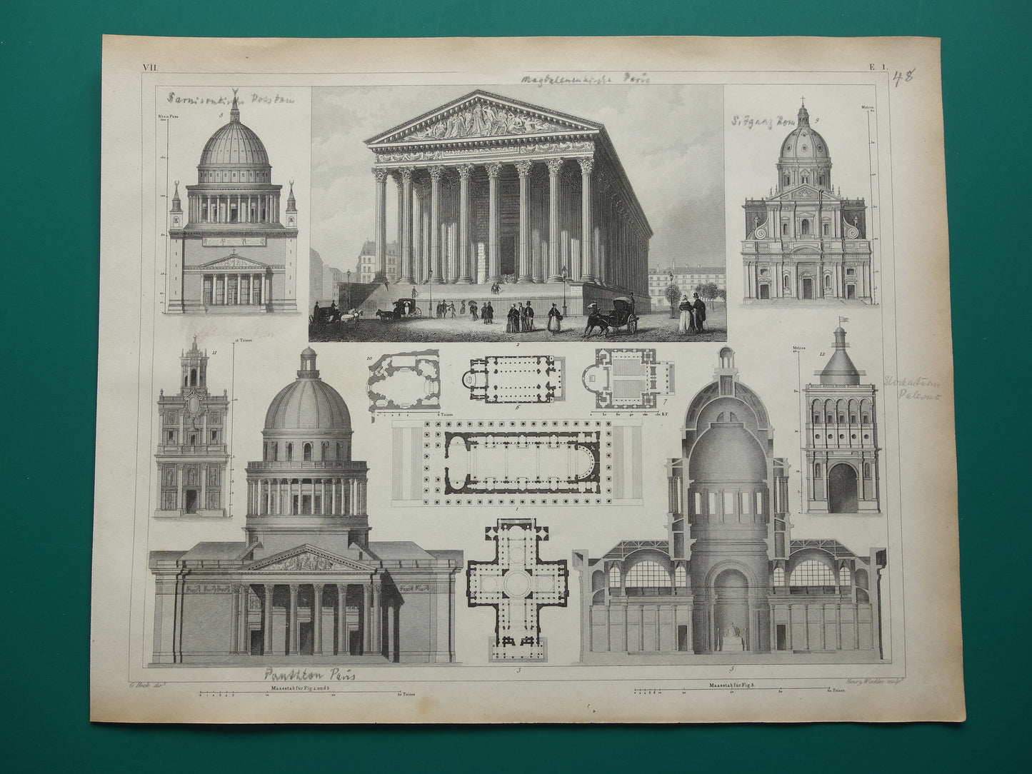 KERKEN Oude architectuur prent La Madeleine Pantheon 1849 originele antieke illustratie gravure
