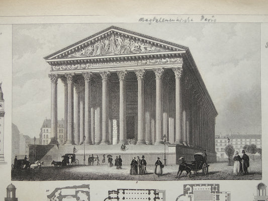 KERKEN Oude architectuur prent La Madeleine Pantheon 1849 originele antieke illustratie gravure