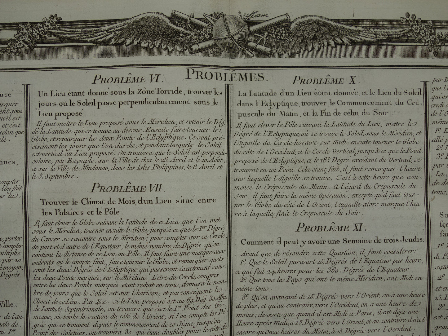 Aardrijkskunde oude prent 1761 Grote originele antieke (tekst)print over problemen geografie landmeetkunde tijdzones