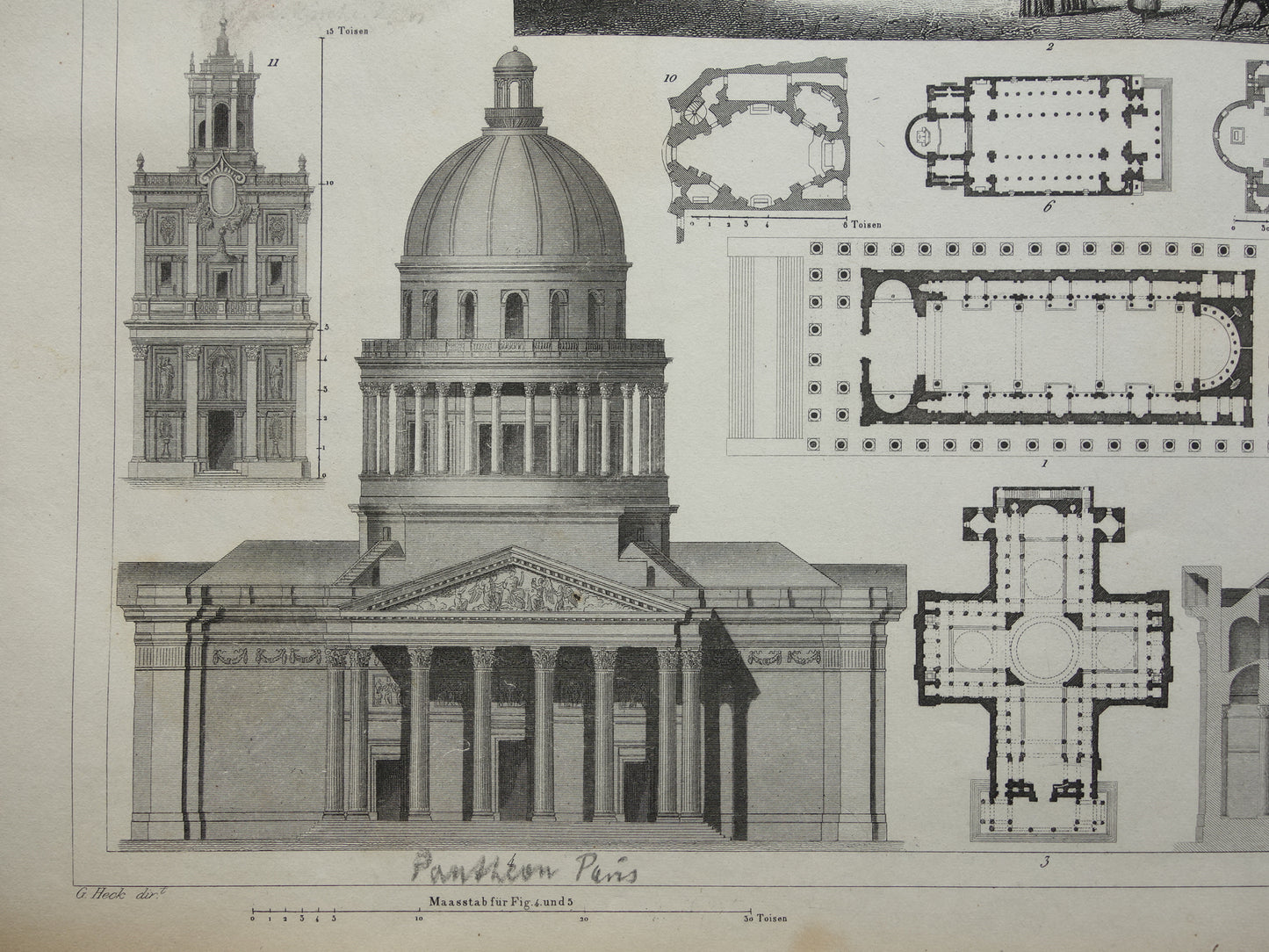 KERKEN Oude architectuur prent La Madeleine Pantheon 1849 originele antieke illustratie gravure