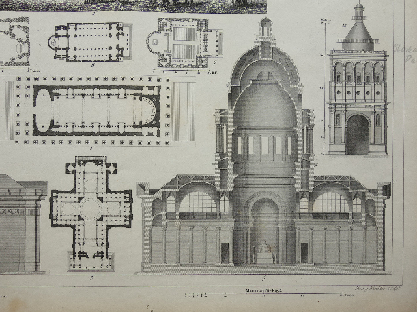 KERKEN Oude architectuur prent La Madeleine Pantheon 1849 originele antieke illustratie gravure