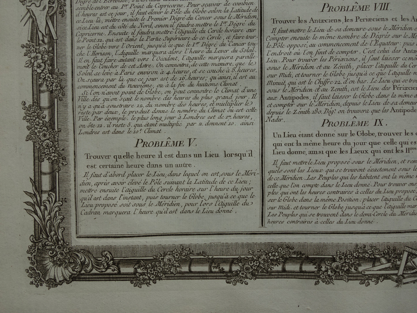 Aardrijkskunde oude prent 1761 Grote originele antieke (tekst)print over problemen geografie landmeetkunde tijdzones