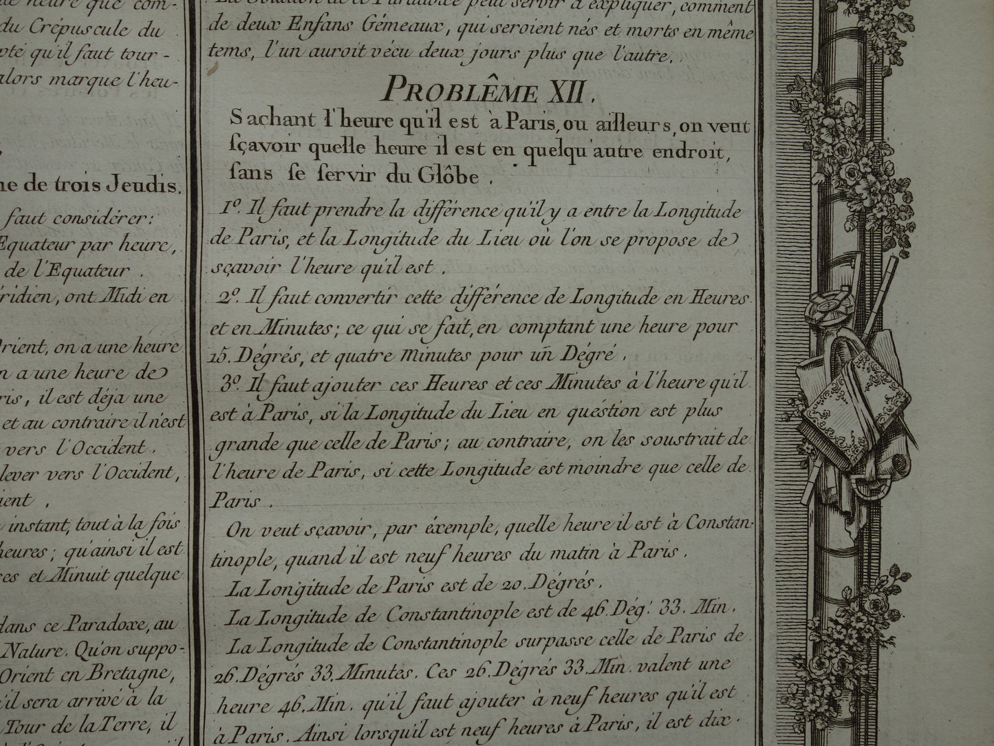 Aardrijkskunde oude prent 1761 Grote originele antieke (tekst)print over problemen geografie landmeetkunde tijdzones