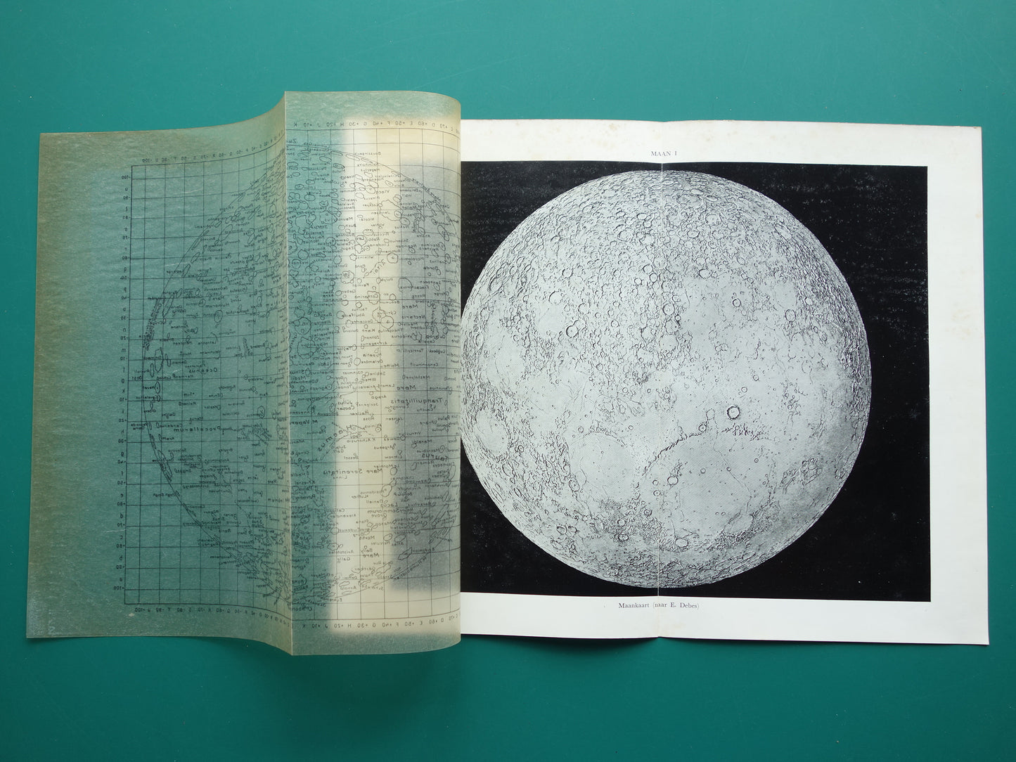 MAAN oude astronomie prent over de Maan 1936 originele vintage print oppervlak van de maan kraters