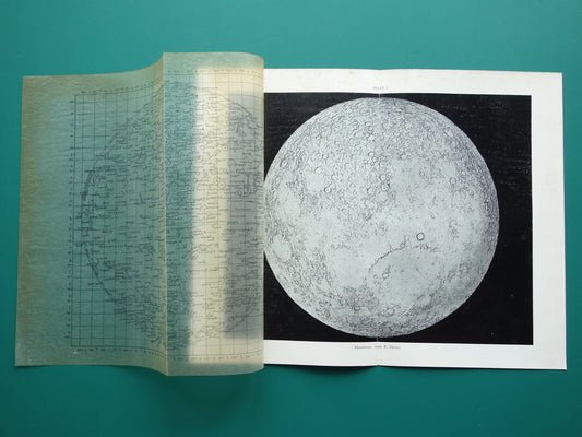 MAAN oude astronomie prent over de Maan 1936 originele vintage print oppervlak van de maan kraters