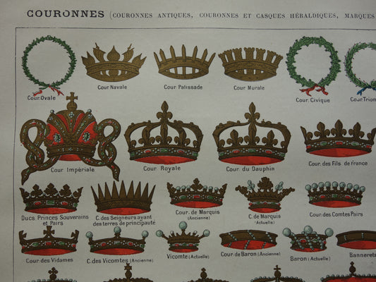 Oude prent van Kronen originele antieke heraldiek illustratie Koninklijke Kroon Ridderhelm helmen vintage afbeelding prints