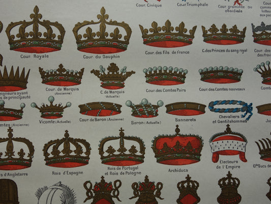 Oude prent van Kronen originele antieke heraldiek illustratie Koninklijke Kroon Ridderhelm helmen vintage afbeelding prints