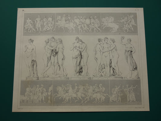 Bertel Thorvaldsen Oude prent kunstgeschiedenis Beeldhouwwerken Antonio Canova Originele antieke print Alexander fries Kunst Beeldhouwkunst vintage illustratie Beeldhouwer