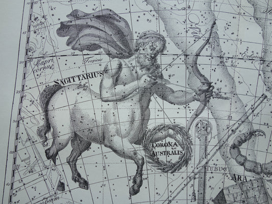 Oude astrologie prent van sterrenbeeld Schorpioen en Boogschutter Antieke sterrenkaart astronomie horoscoop vintage print