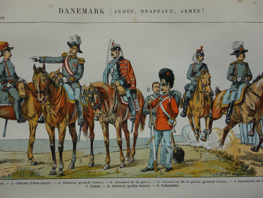 Oude prent van Deense Leger Uniformen en Vlaggen originele antieke illustratie Denemarken Leger Vlag Uniform pre WWI vintage afbeelding prints