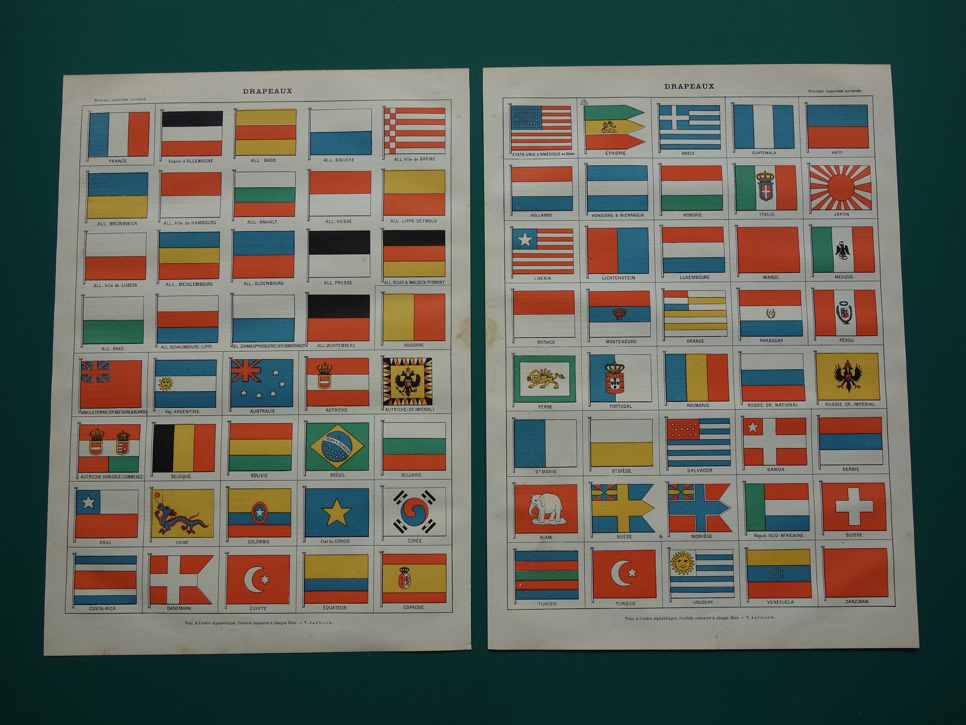 VLAGGEN Oude prent van nationale vlaggen uit de hele wereld Set van 2 antieke vlag prenten Vintage illustratie print