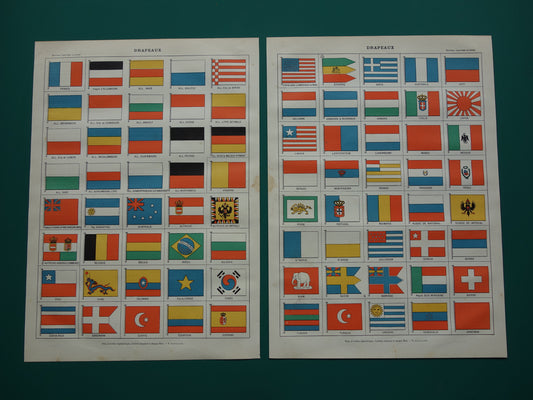 VLAGGEN Oude prent van nationale vlaggen uit de hele wereld Set van 2 antieke vlag prenten Vintage illustratie print