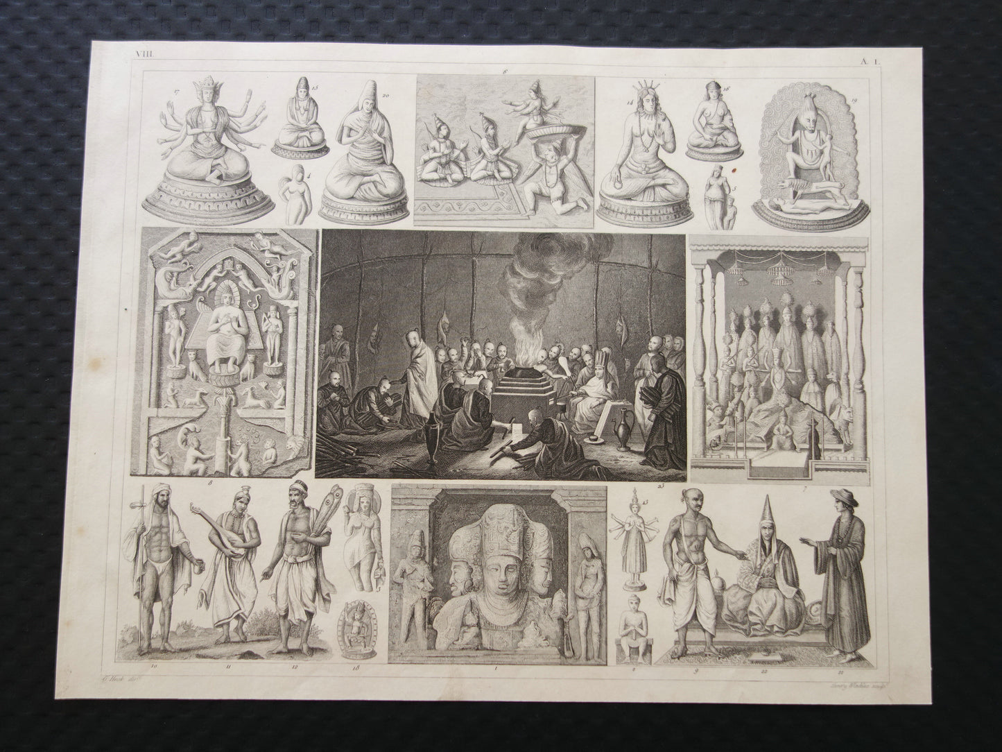 Antieke prent Oosterse religies 1849 originele vintage illustratie goden Boeddhisme oude print Hindoeïsme