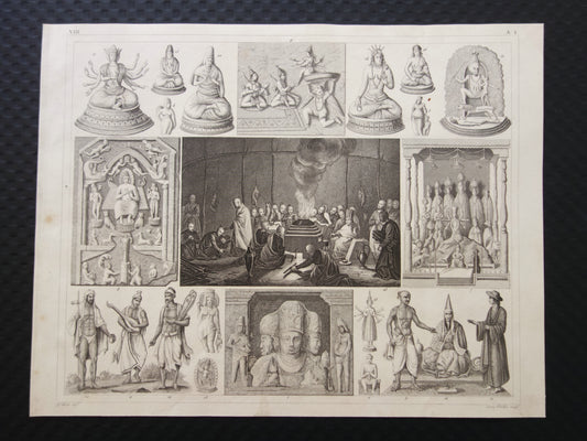Antieke prent Oosterse religies 1849 originele vintage illustratie goden Boeddhisme oude print Hindoeïsme