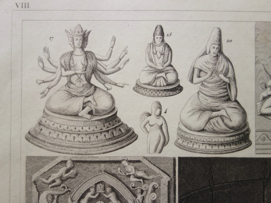 Antieke prent Oosterse religies 1849 originele vintage illustratie goden Boeddhisme oude print Hindoeïsme