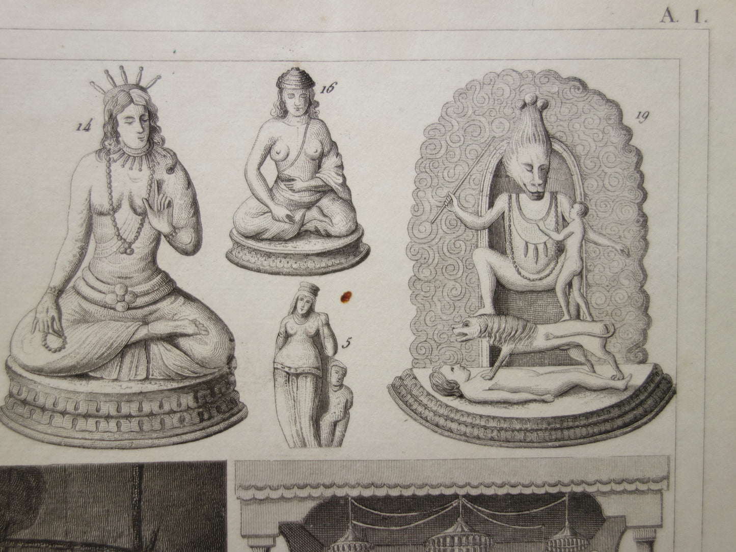 Antieke prent Oosterse religies 1849 originele vintage illustratie goden Boeddhisme oude print Hindoeïsme