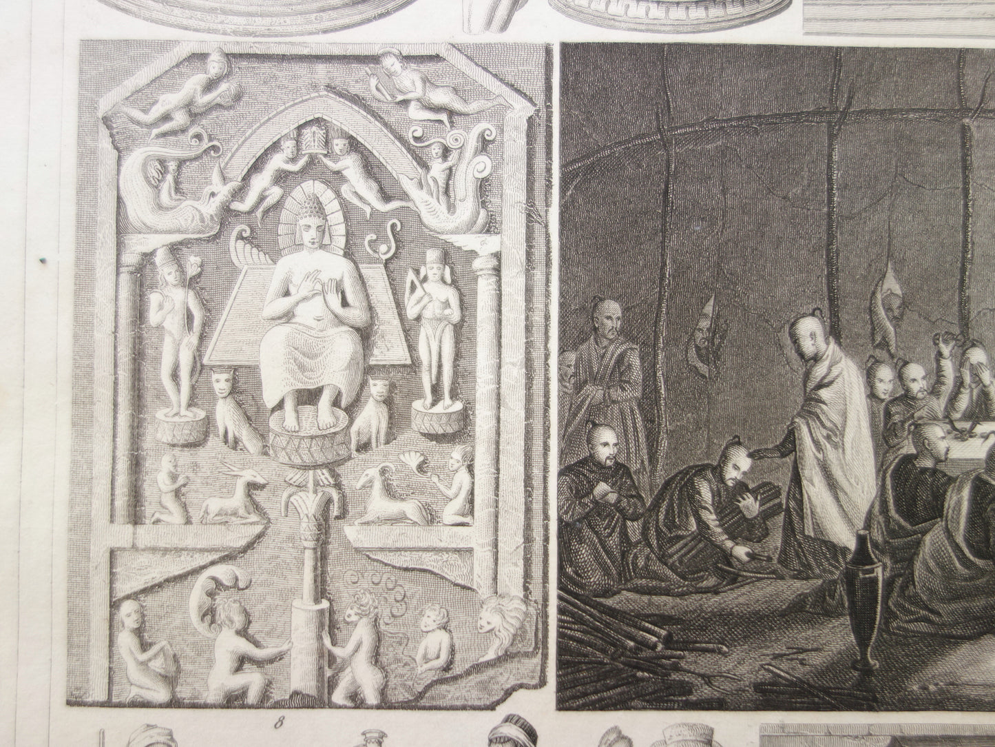 Antieke prent Oosterse religies 1849 originele vintage illustratie goden Boeddhisme oude print Hindoeïsme