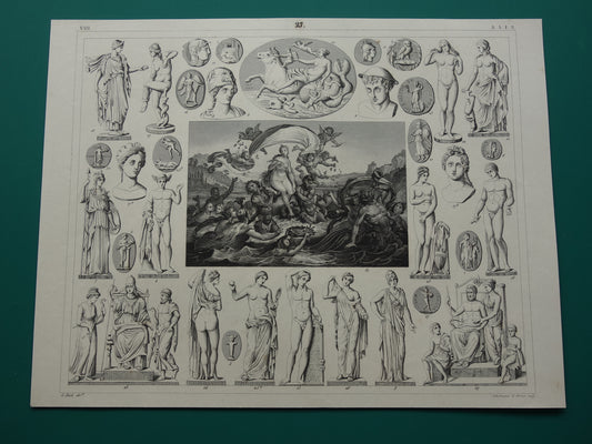 Griekse en Romeinse goden antieke print Originele 175+ jaar oude illustratie Sculpturen Minerva Diana Venus vintage religie prenten oudheid