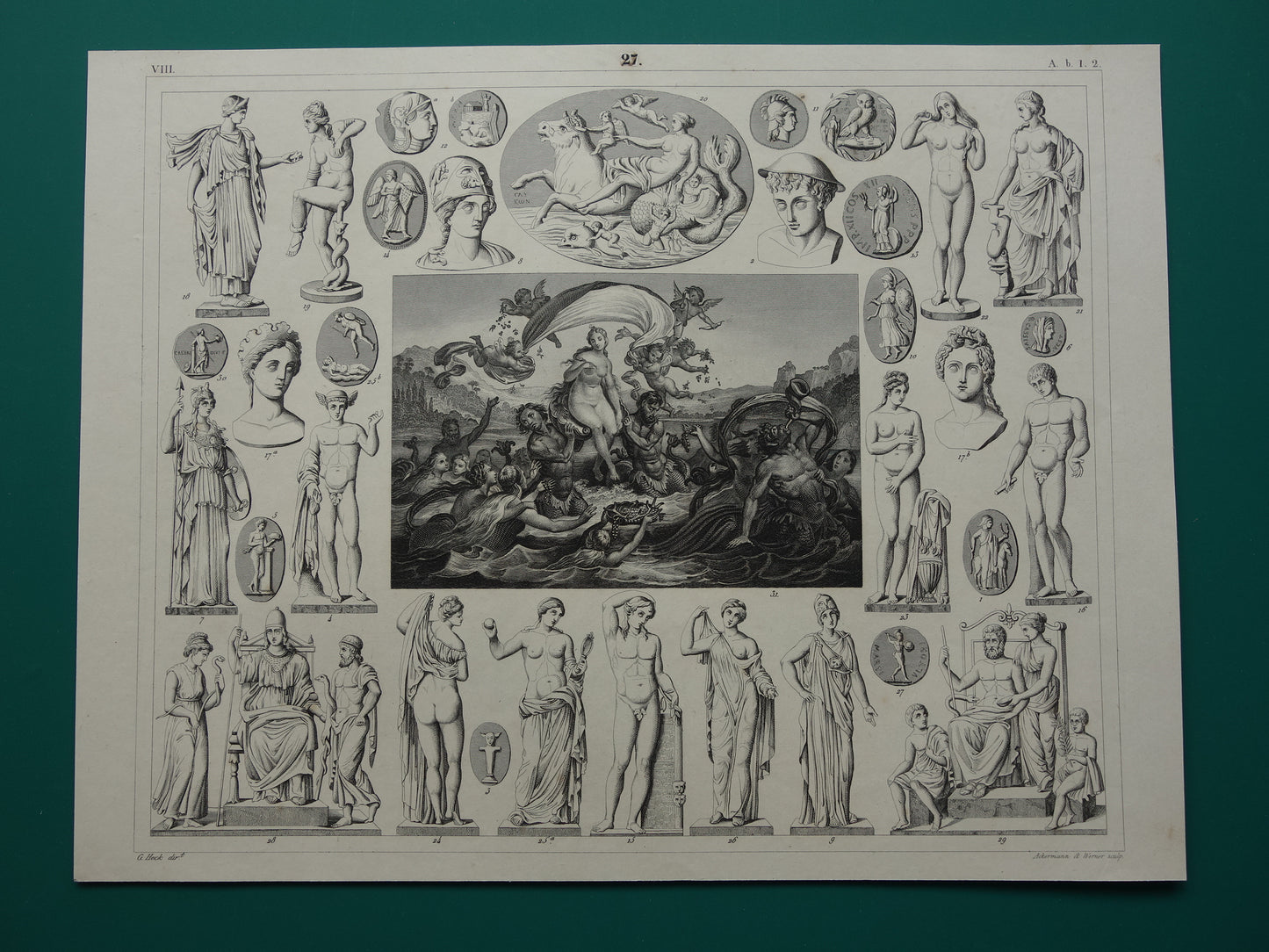 Griekse en Romeinse goden antieke print Originele 175+ jaar oude illustratie Sculpturen Minerva Diana Venus vintage religie prenten oudheid