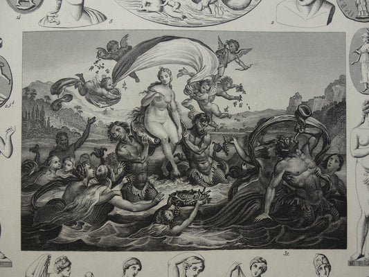 Griekse en Romeinse goden antieke print Originele 170+ jaar oude illustratie Sculpturen Minerva Diana Venus vintage religie prenten oudheid