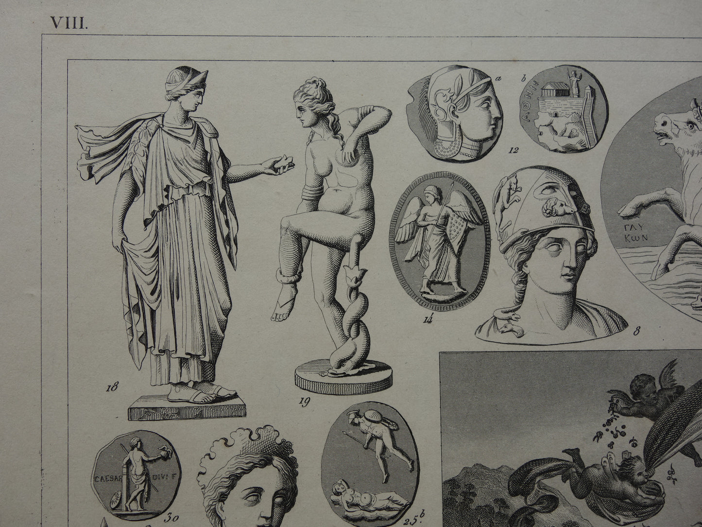 Griekse en Romeinse goden antieke print Originele 175+ jaar oude illustratie Sculpturen Minerva Diana Venus vintage religie prenten oudheid