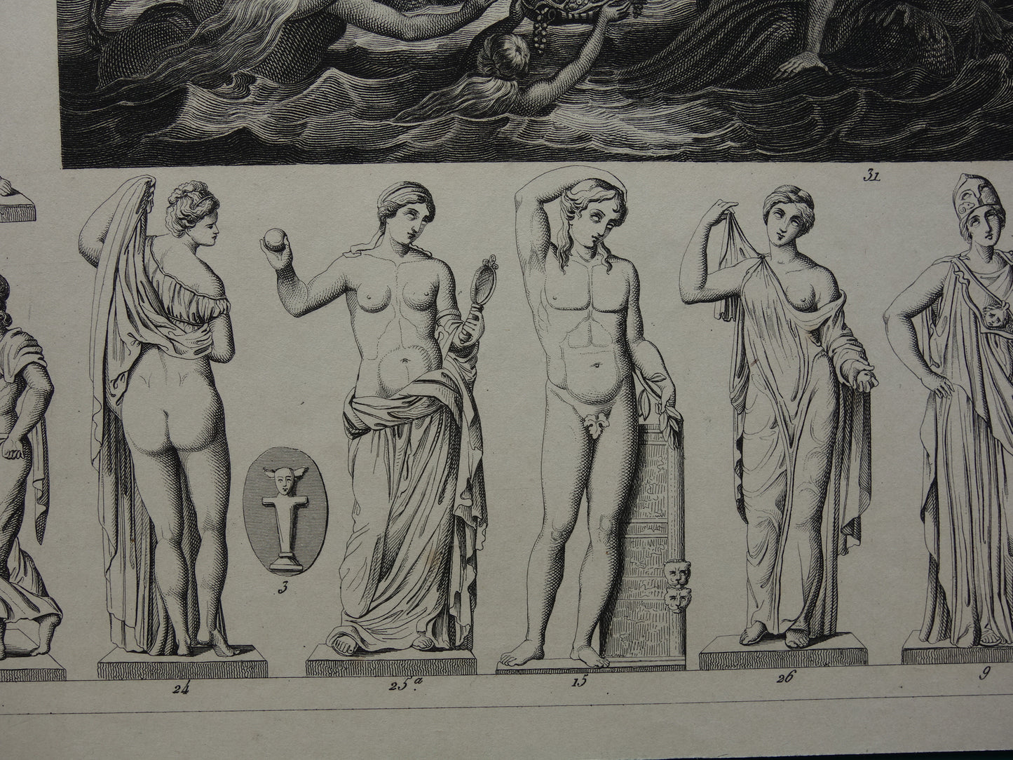 Griekse en Romeinse goden antieke print Originele 175+ jaar oude illustratie Sculpturen Minerva Diana Venus vintage religie prenten oudheid